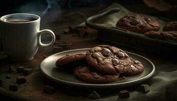 hecho en casa chocolate chip galletas en rústico de madera mesa, irresistible indulgencia generado por ai foto