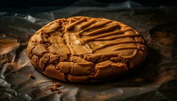 hecho en casa rústico chocolate Galleta, un dulce indulgencia en de madera mesa generado por ai foto