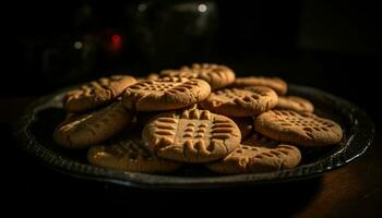 hecho en casa chocolate chip galletas en un rústico de madera mesa generado por ai foto