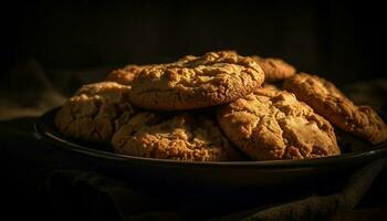 un apilar de hecho en casa chocolate chip galletas en un rústico mesa generado por ai foto