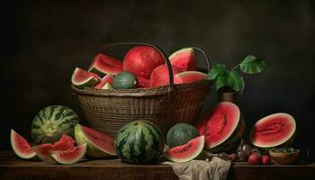 Freshness and nature in a basket, ripe watermelon for healthy eating generated by AI photo