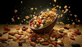 Almond with cashew and walnut, hazelnut, cranberry, granola, oatmeal, pecan, chocolate generated by AI photo