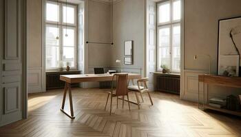 moderno, elegante, cómodo Departamento con amplio ventanas y madera dura piso generado por ai foto