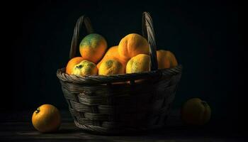 Freshness of organic fruit in a rustic wicker basket, nature delight generated by AI photo