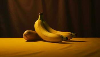 fresco, maduro, orgánico banana, un sano bocadillo en un de madera mesa generado por ai foto