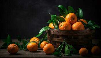 Freshness of citrus fruit in a rustic wooden basket, nature delight generated by AI photo