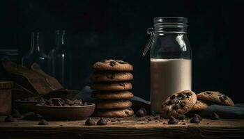 Homemade chocolate chip cookies on rustic wooden table, milk nearby generated by AI photo