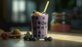 Refreshing berry milkshake on wooden table indoors generated by AI photo