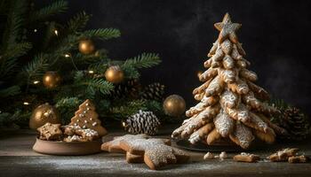 Navidad árbol decoración con hecho en casa rústico madera adornos y copos de nieve generado por ai foto