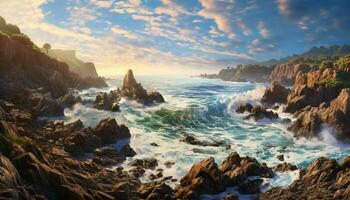 Majestic waves crash against rocky cliffs, painting a stunning seascape generated by AI photo