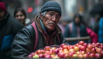 Caucasian adults picking fresh fruit in autumn nature generated by AI photo