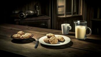 Rustic table holds homemade dessert and drink generated by AI photo