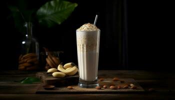 Organic milkshake, chocolate and fruit refreshment bowl generated by AI photo