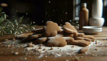 Homemade gingerbread cookies baked on rustic wood generated by AI photo