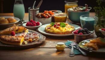 Fresh berry pancakes on rustic wooden table generated by AI photo