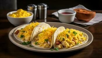 Freshly cooked beef taco on wooden plate generated by AI photo