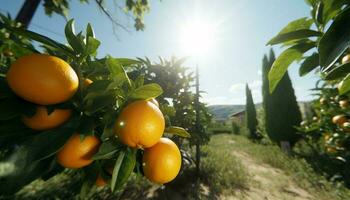 Ripe citrus fruit on green tree branch generated by AI photo