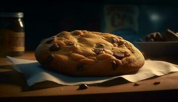 hecho en casa chocolate chip galletas en rústico mesa generado por ai foto