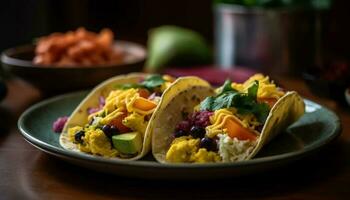 Fresh guacamole and beef taco on flatbread plate generated by AI photo