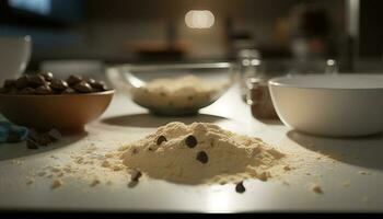 Homemade chocolate cookies baked in domestic kitchen generated by AI photo