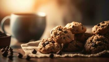 Stack of homemade chocolate chip cookies on table generated by AI photo