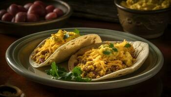 Gourmet taco plate with fresh meat and guacamole generated by AI photo