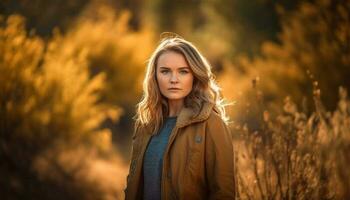 Smiling young woman in autumn forest portrait generated by AI photo