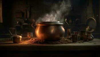 Spooky cauldron boils over fire in kitchen generated by AI photo