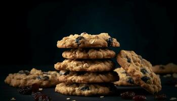 Stack of homemade chocolate chip cookies, indulgence temptation generated by AI photo