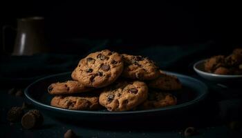 apilar de hecho en casa chocolate chip galletas en mesa generado por ai foto