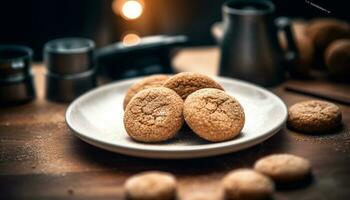 hecho en casa chocolate chip galletas en rústico madera mesa generado por ai foto