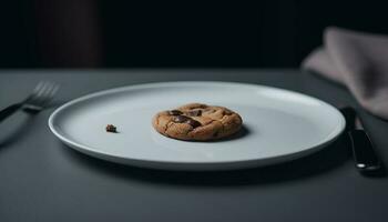 Freshly baked chocolate chip cookies on plate generated by AI photo