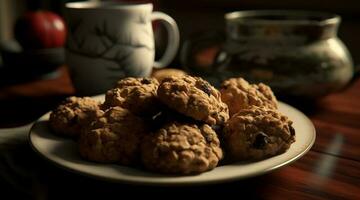 Homemade chocolate chip cookies stacked on plate generated by AI photo