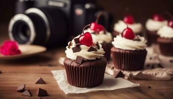 Indulgent chocolate cupcakes on rustic wooden table generated by AI photo