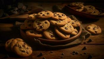 Homemade chocolate chip cookies on rustic table generated by AI photo
