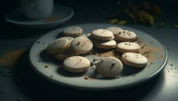 Indulgent homemade chocolate chip cookie stack on plate generated by AI photo