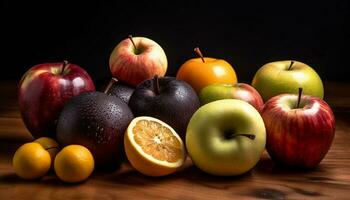 Vibrant citrus slice on wooden table shines bright generated by AI photo