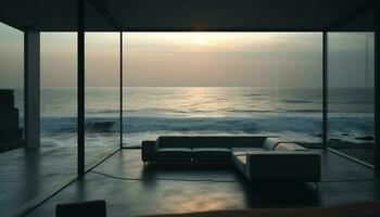 Relax on modern sofa, watch tranquil seascape generated by AI photo