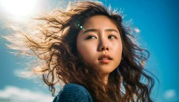 Brown haired beauty enjoys nature freedom and joy generated by AI photo
