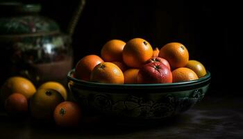 Juicy citrus fruits on rustic wooden table generated by AI photo