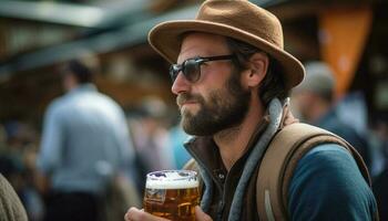 Bearded man sips beer, enjoying city life generated by AI photo