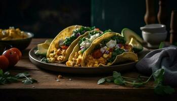 Fresh guacamole and beef taco on rustic plate generated by AI photo