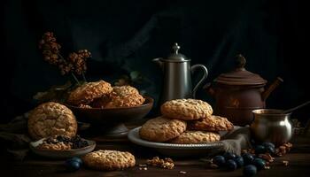 Organic walnut cookie on rustic wooden table generated by AI photo