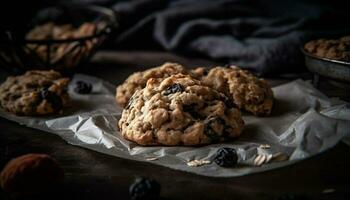 Homemade chocolate chip cookies on rustic wood table generated by AI photo