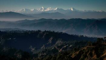 Majestic mountain range, tranquil dawn, panoramic view generated by AI photo