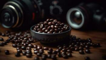 Freshly ground coffee beans in antique cup generated by AI photo