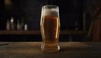 Frothy craft beer poured into cold glass generated by AI photo