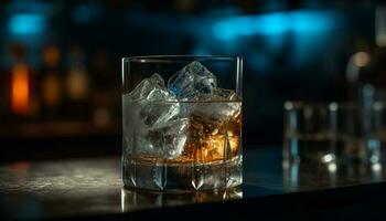 Crystal highball glass reflects elegance in dark nightclub generated by AI photo