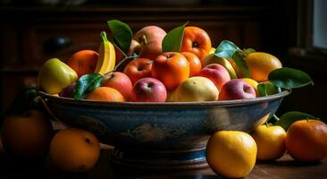 Organic fruit bowl, ripe and juicy citrus generated by AI photo