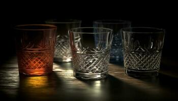 Whiskey shot on dark wood, elegant still life generated by AI photo